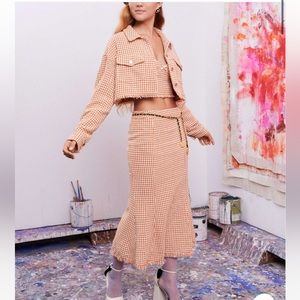 Orange and White Tweed Checkered Maxi Skirt